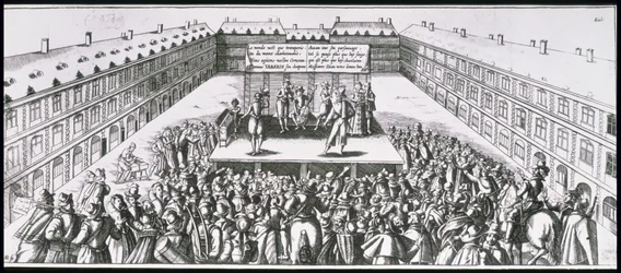 Représentation théâtrale en plein air avec Antoine Firard (1584-1633), connu sous le nom de Tabarin, sur scène